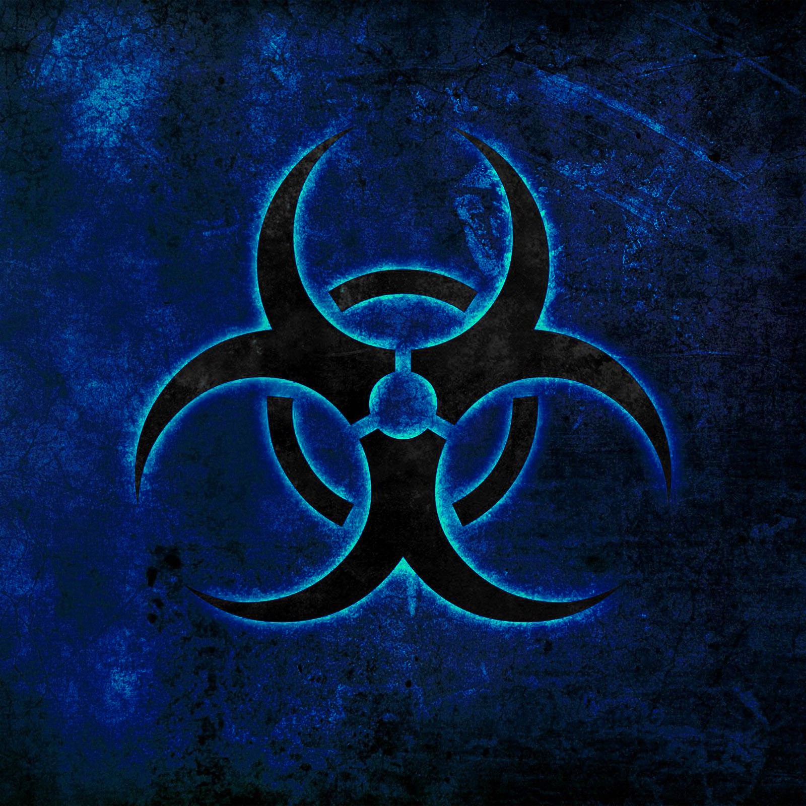 A close up of a blue and black biohazard logo on a blue background (biohazard, blue)