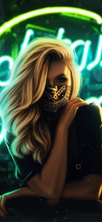 Blonde Woman in Graffiti Art with Neon Accents and Mask