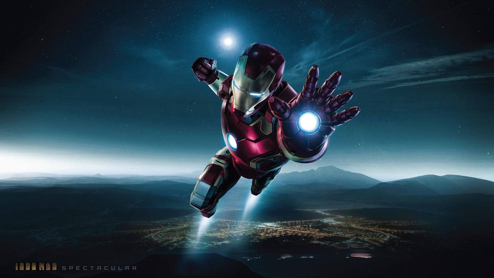 Iron man flying through the air with his hands out (iron, man, super, hero, marvel)