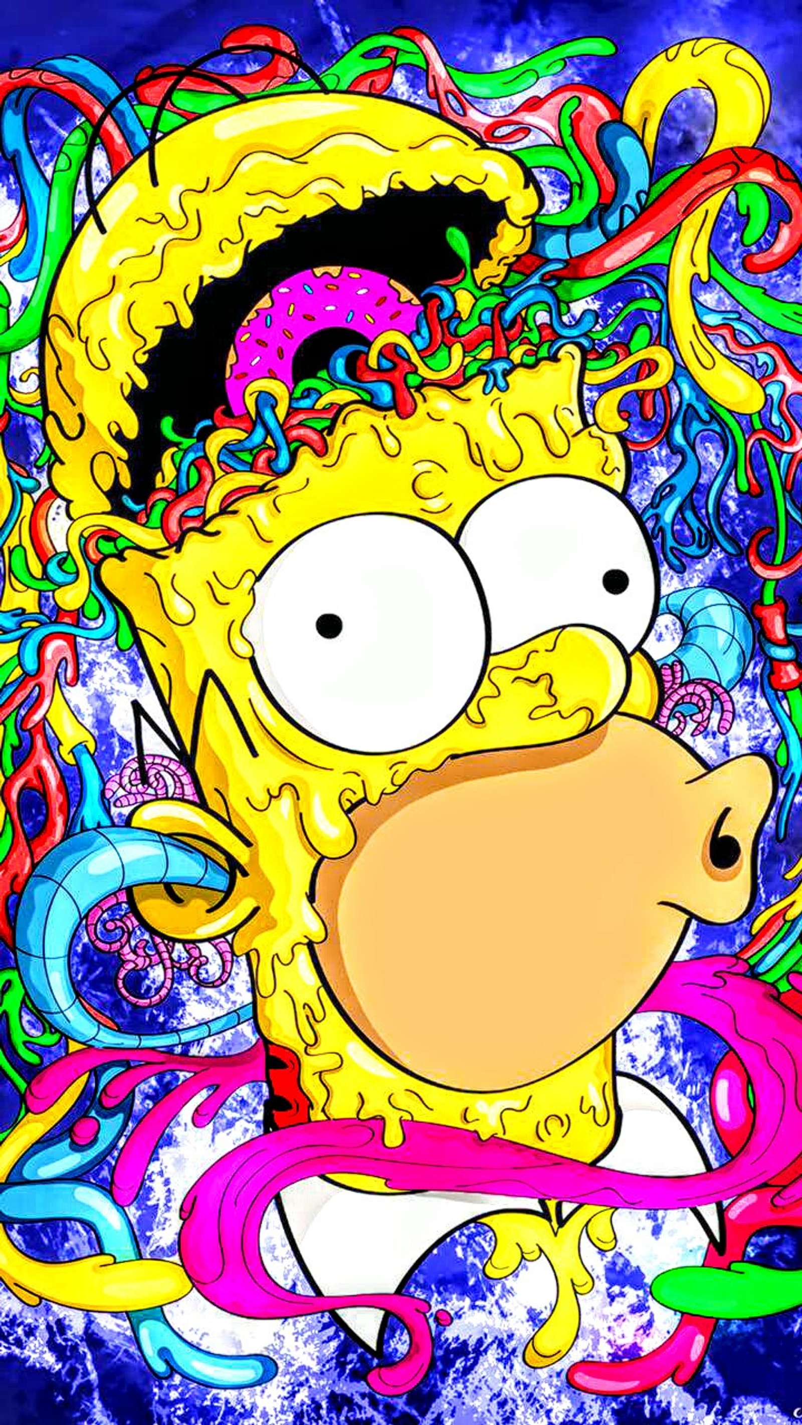 Un personaje de dibujos animados con una gran cabeza de cabello y un fondo colorido (caricatura, colorido, simpson)