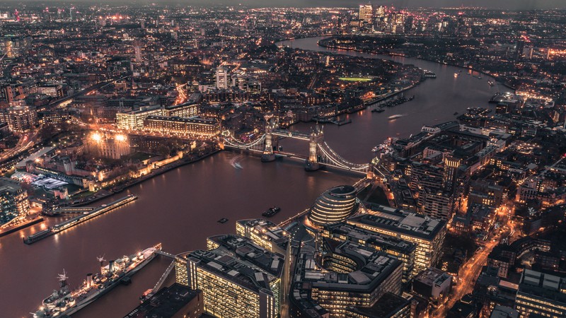 Вид на лондон ночью с башни шард (мост, британия, город, англия, england)