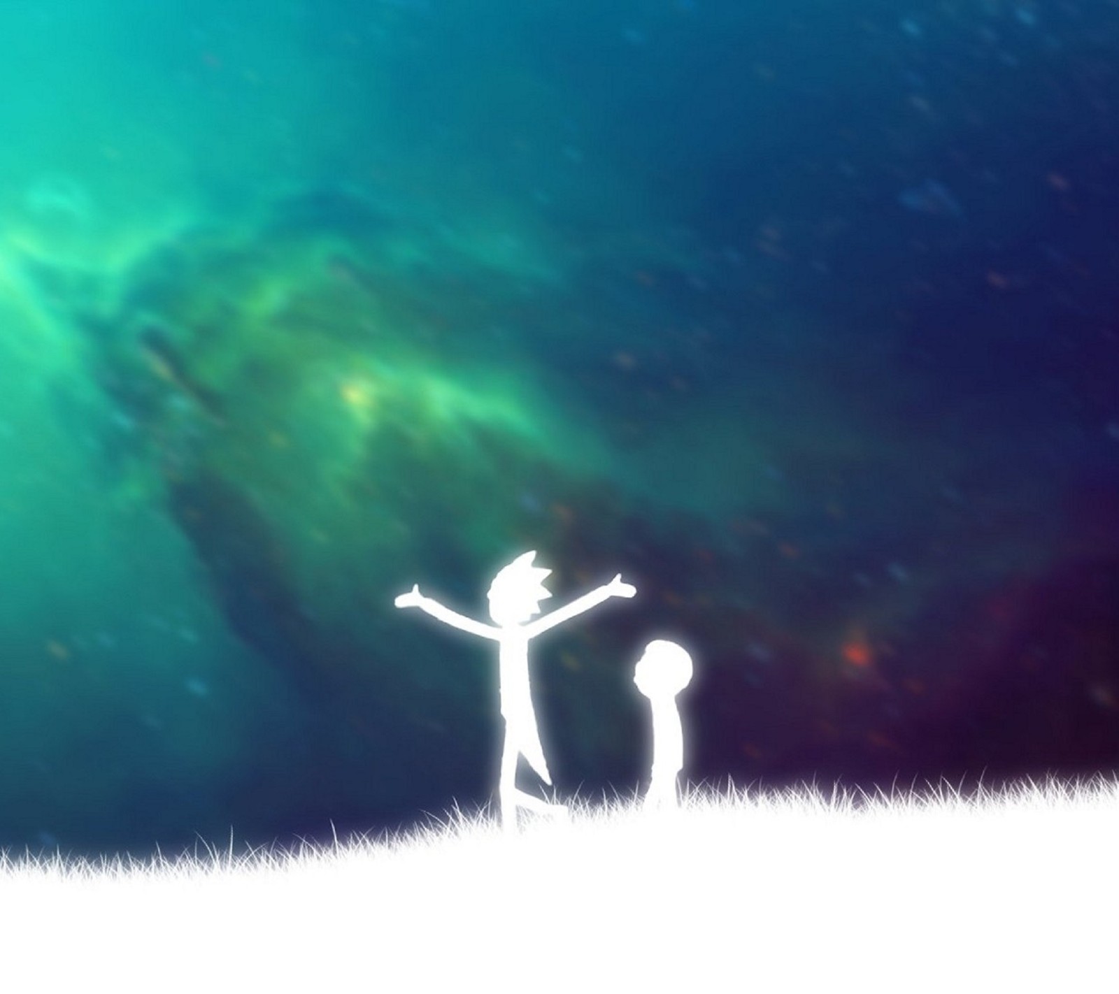 Anime, a man and a woman standing on a hill with their arms outstretched (morty, rick, rick and morty)