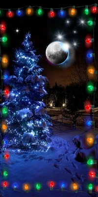 christmas, lights, moon, night, tree wallpaper