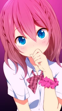 Blushing Anime Girl with Pink Hair and Vibrant Blue Eyes