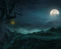 Moonlit Night Over a Dark Landscape with a Gnarled Tree