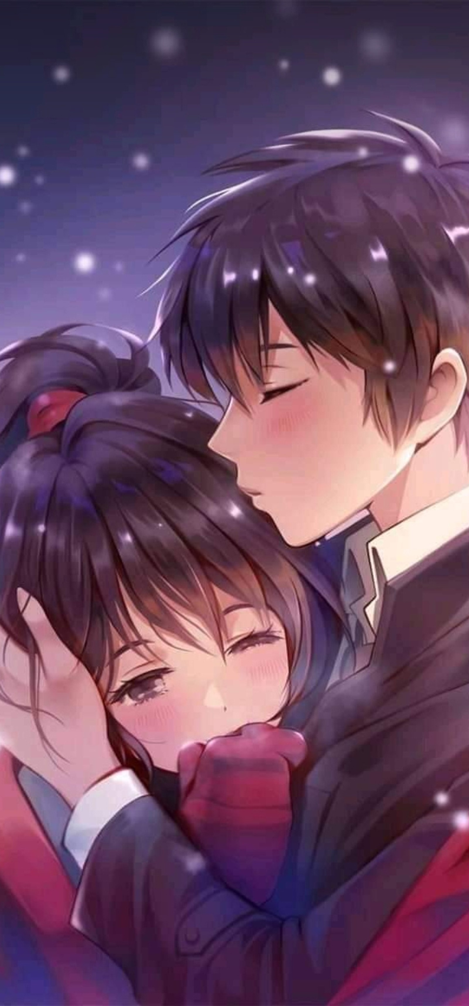 Couple d'anime s'enlaçant dans la neige (couples, mignon, manga, école)