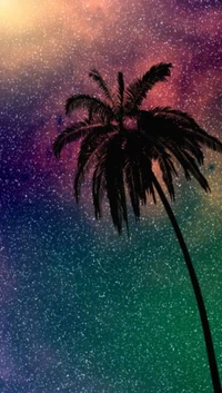 Silhouetted palm tree against a vibrant, starry cosmic background.