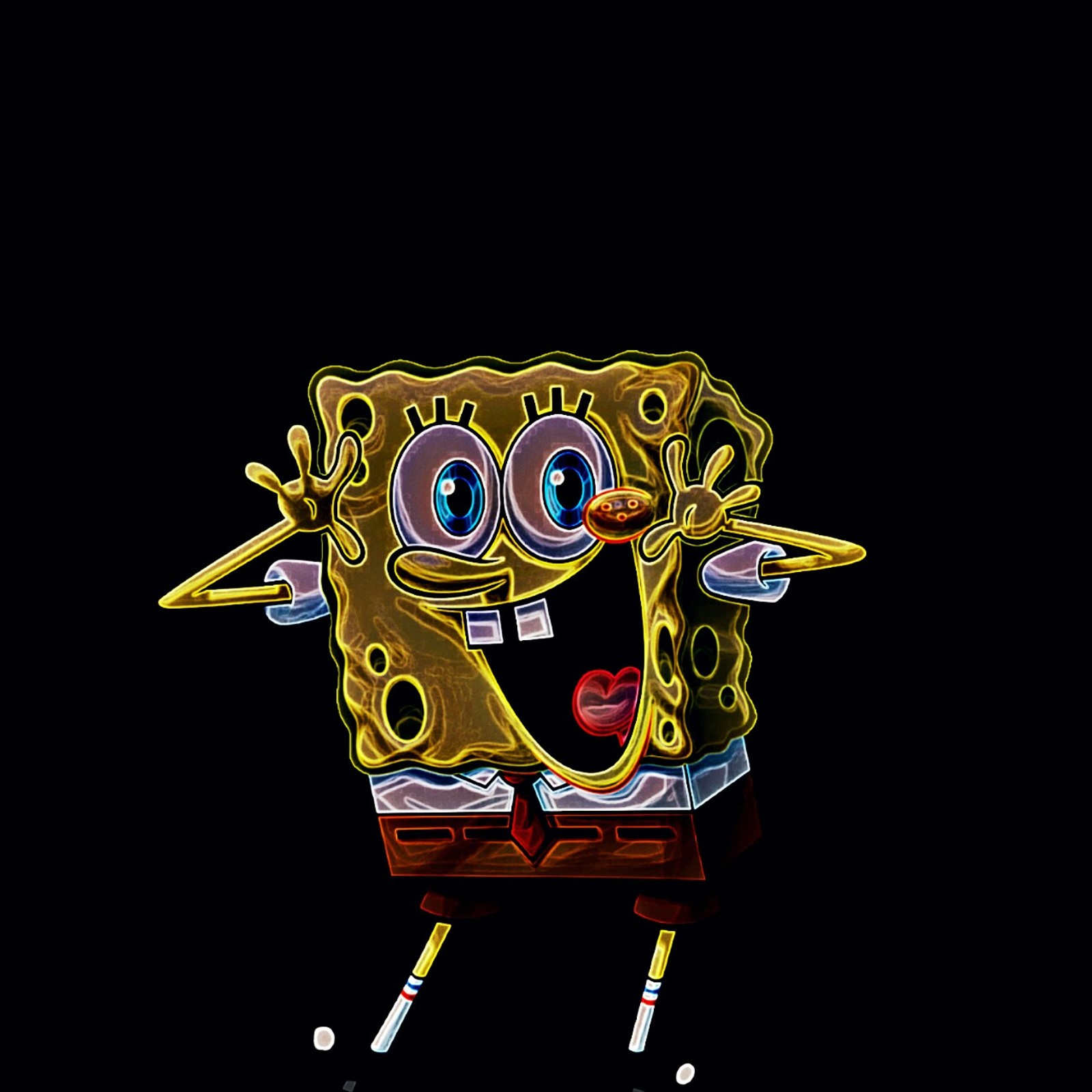 Spongebob with a knife and fork in his hand (cartoon, neon, spongbob)