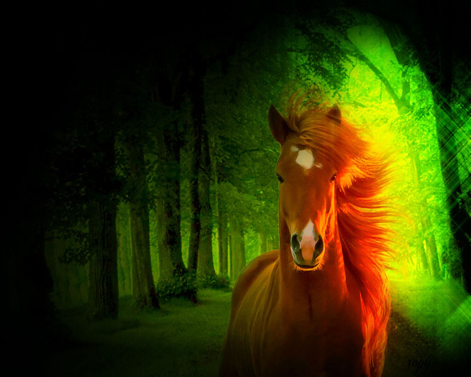 Há um cavalo com uma longa crina parado na floresta (3d, cavalo, natureza)