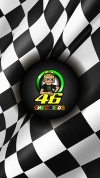 Logotipo de Valentino Rossi "O Doutor" com fundo de bandeiras quadriculadas