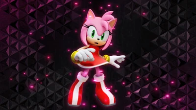 Amy Rose in Sonic Frontiers: Eine dynamische Pose vor einem futuristischen Hintergrund