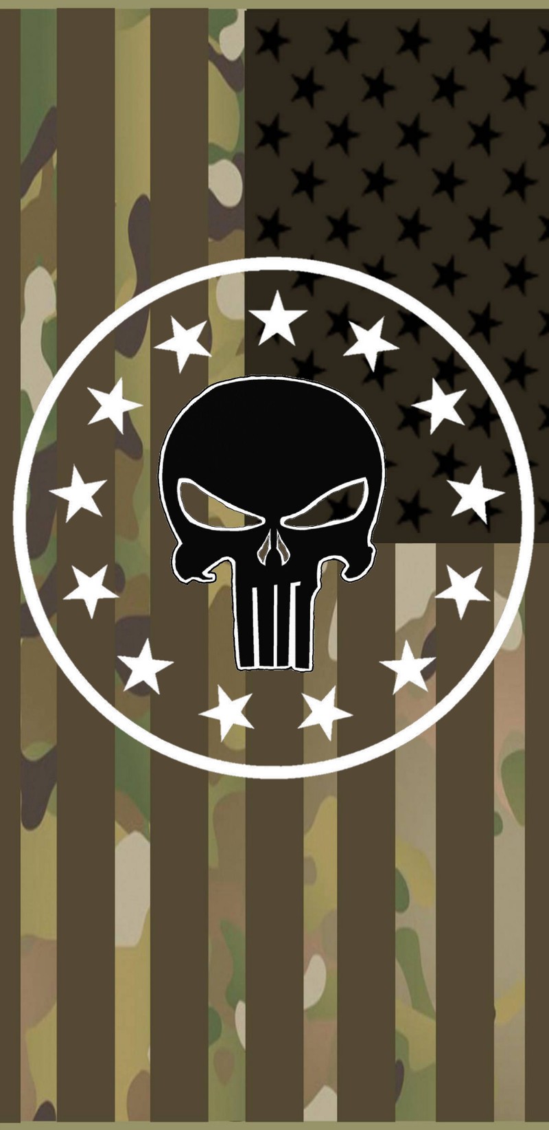 A close up of a skull on a camouflage background with stars (punisher, multicam, flag, newyear19)