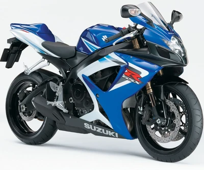 Moto deportiva Suzuki GSX-R en diseño azul y blanco