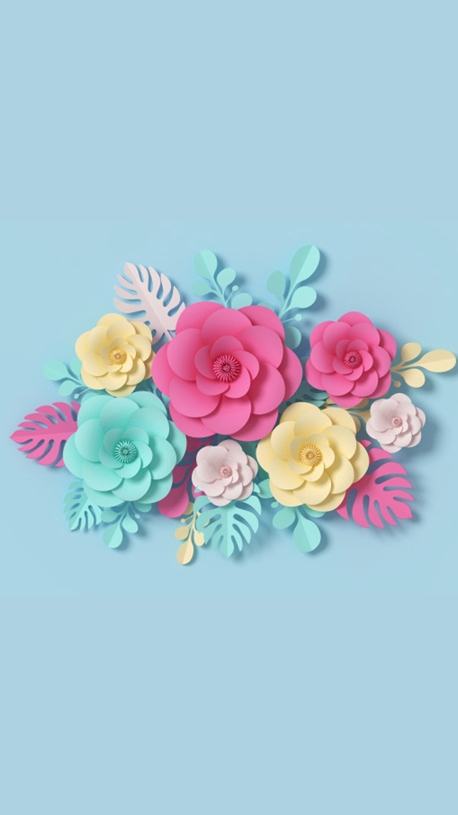 There is a bunch of paper flowers on a blue surface (3d, 3d flower, background, blue, design)