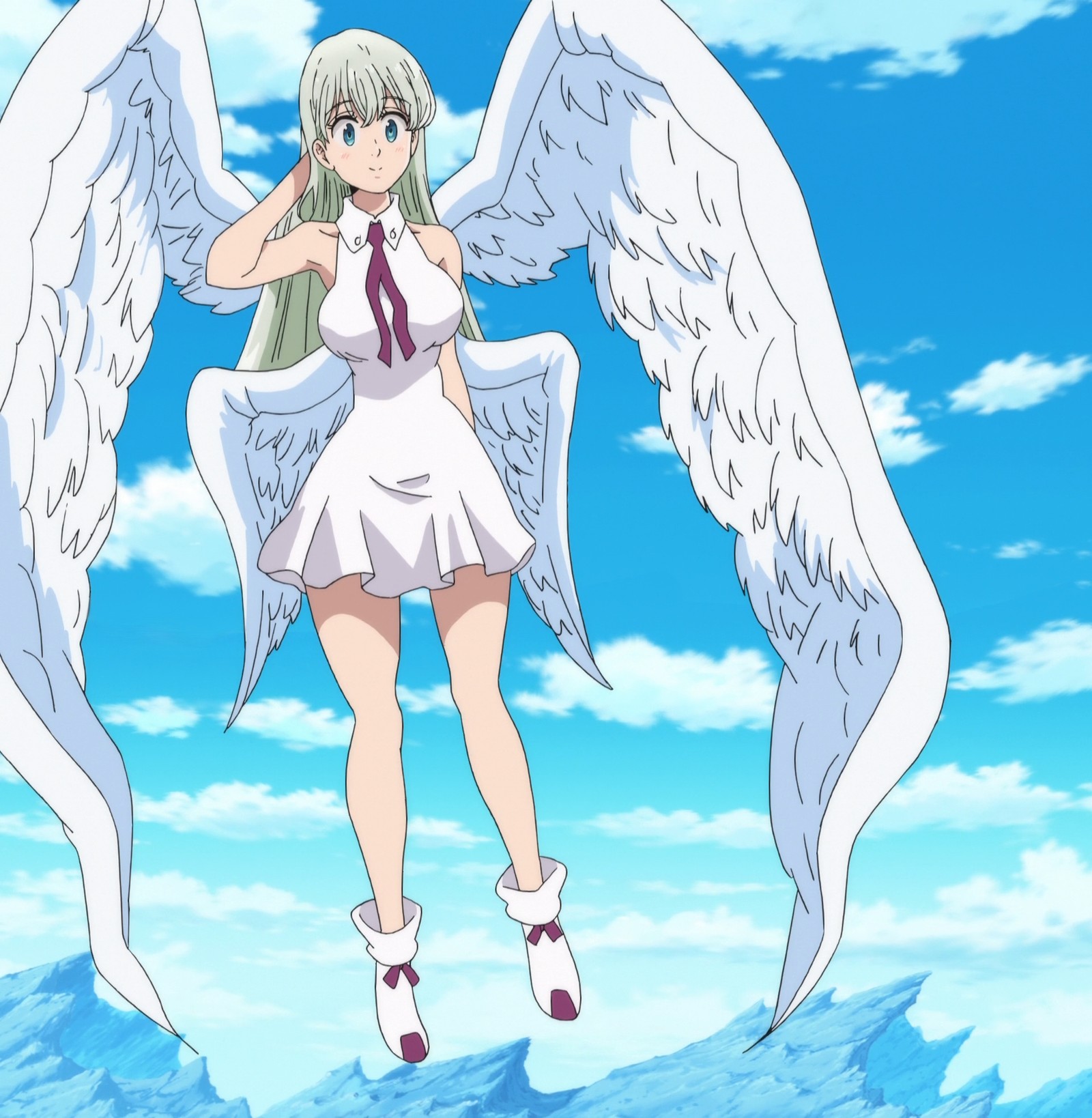 Une fille anime avec des ailes blanches et un sac à dos se tenant dans l'eau (diosa elizabeth, élisabeth, elizabeth, nanatsu no taizai)