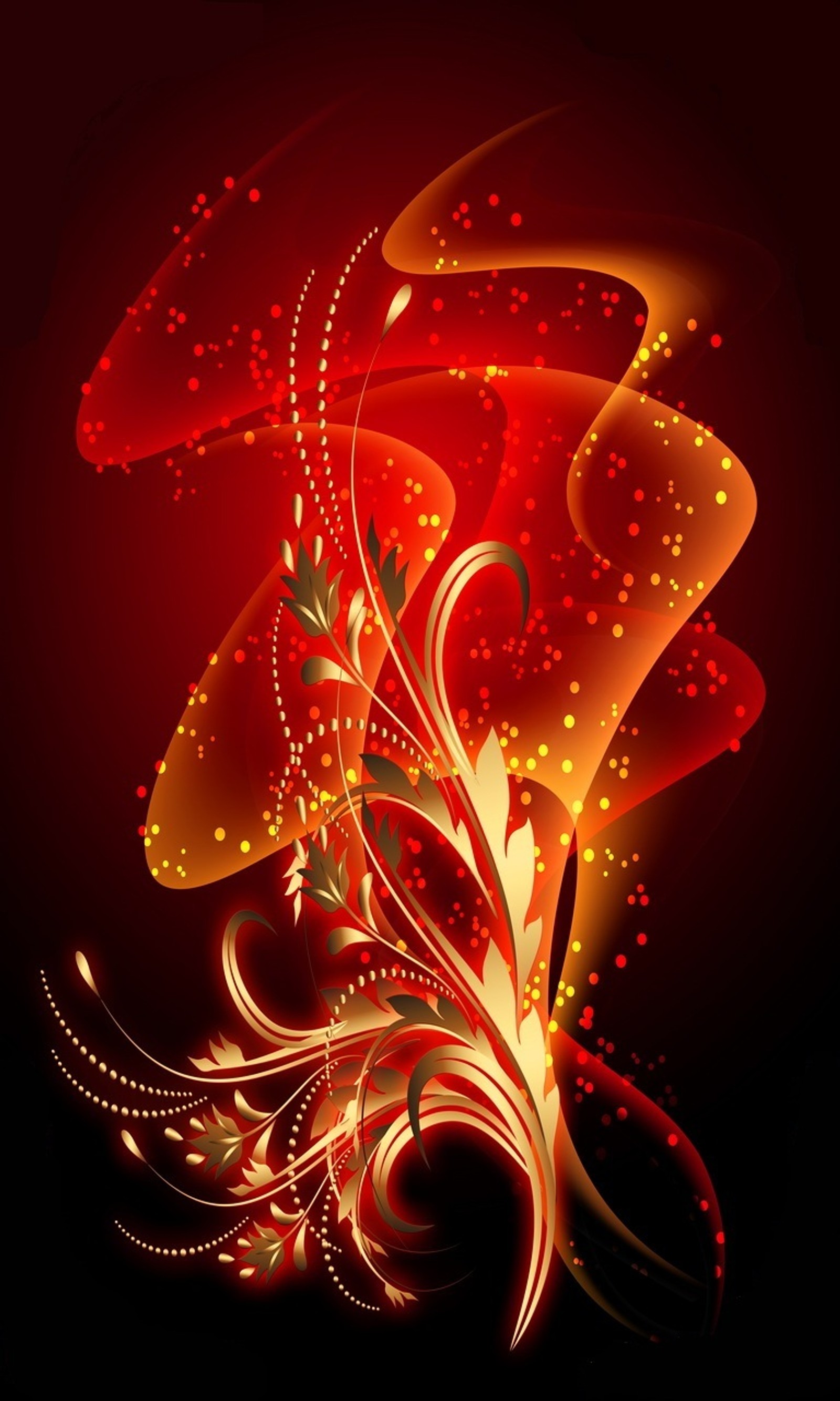 Fondo floral abstracto con colores rojos y dorados (abstract fire dance, colorido, floral, flor)