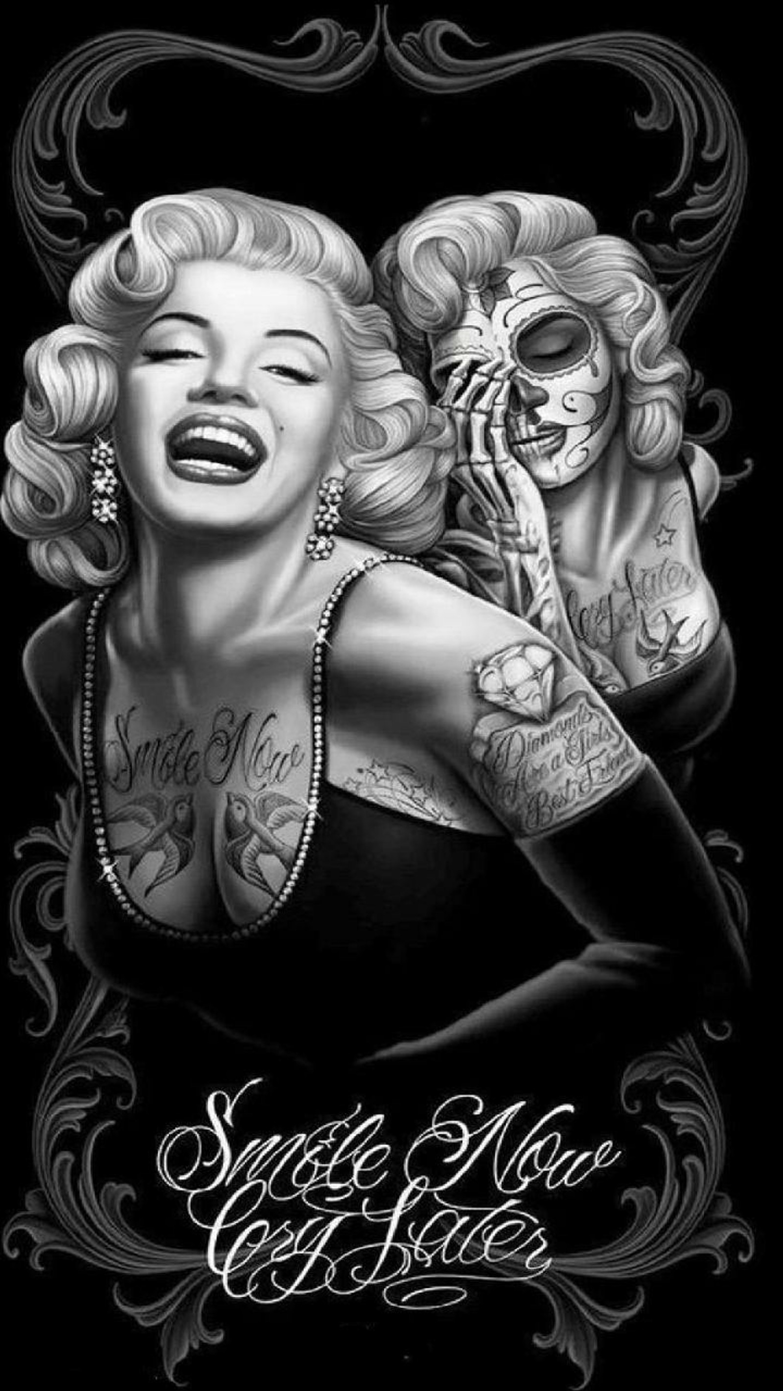 A black and white drawing of two women with tattoos (marylin monroe, photo)