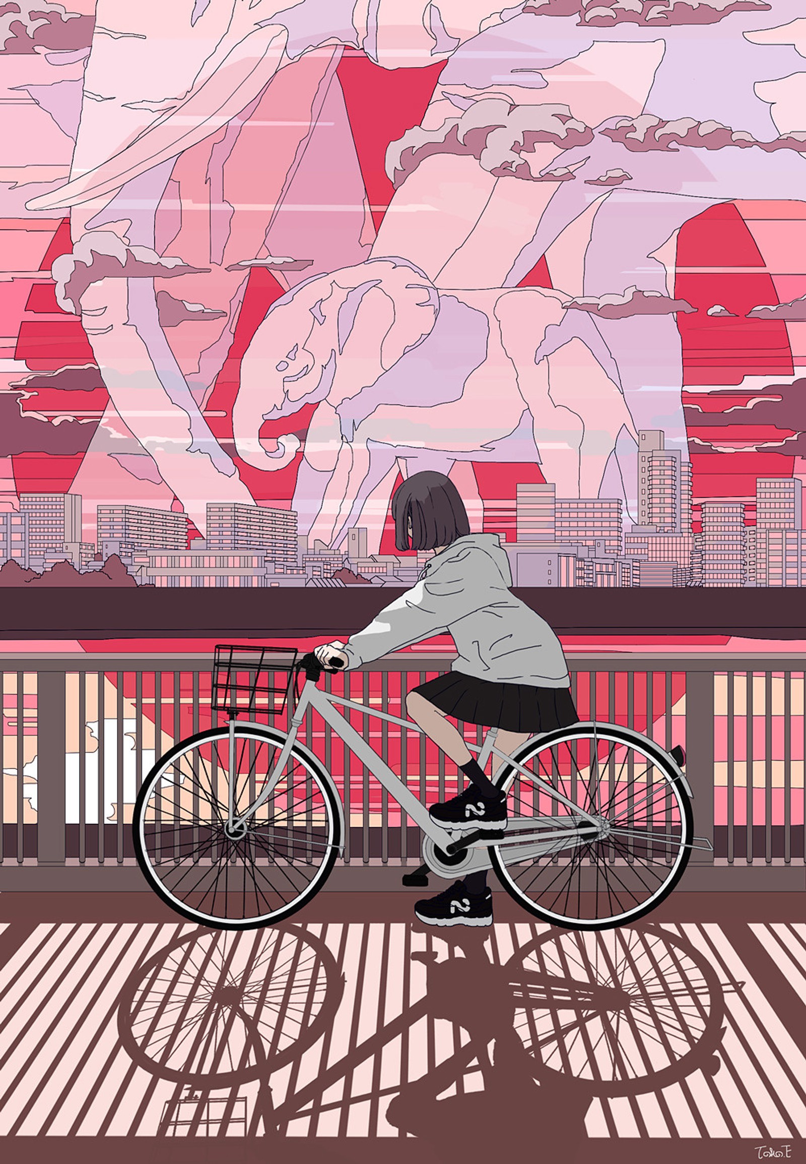 Lade anime, fahrrad, chill, elepeant, mädchen Hintergrund herunter