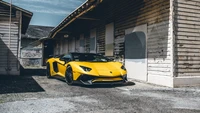 Элегантный желтый Lamborghini Aventador S припаркован в городской обстановке