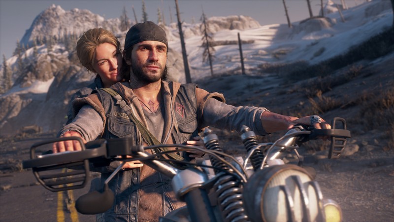 Мужчина и женщина на мотоцикле едут по горной дороге (дни ушедшие, days gone, видеоигра, дьякон святой иоанн, sarah st john)