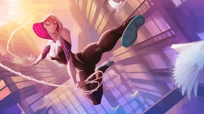 Spider-Gwen Swinging Into Action in a Vibrant Urban Landscape