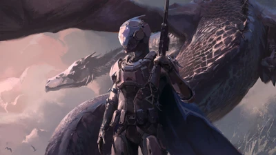 Futuristic Soldier Standing Guard Beside a Mythical Dragon