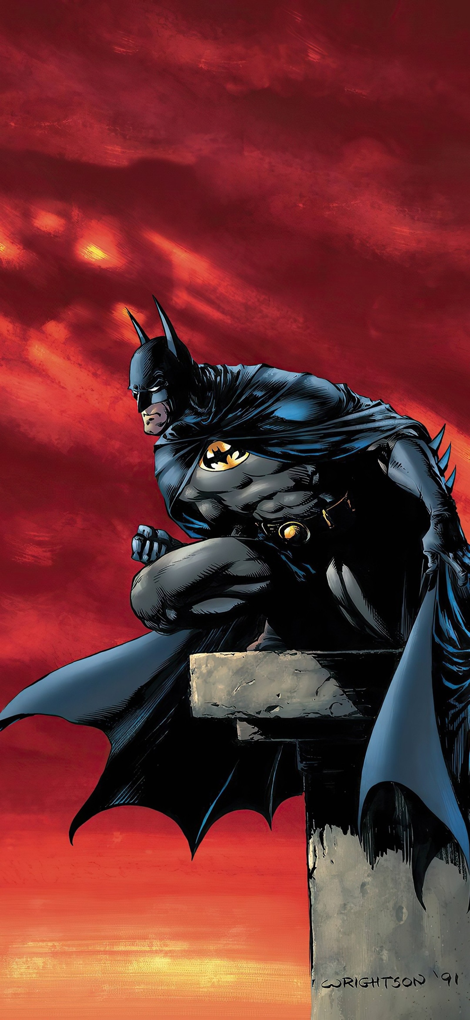 Batman sitting on a ledge with his bat raised above his head (batman, comic book, dc comics, comics, artist)