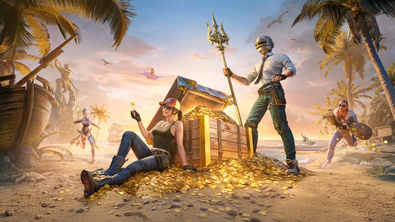 Группа людей стоит вокруг сундука, полного золота (pubg mobile, игры 2024, 5k, игры, другие)