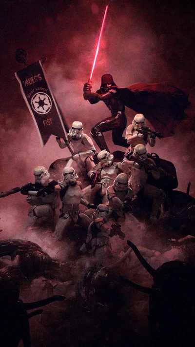 Epic Battle Scene Featuring Darth Vader and Stormtroopers Amidst a Cosmic Conflict