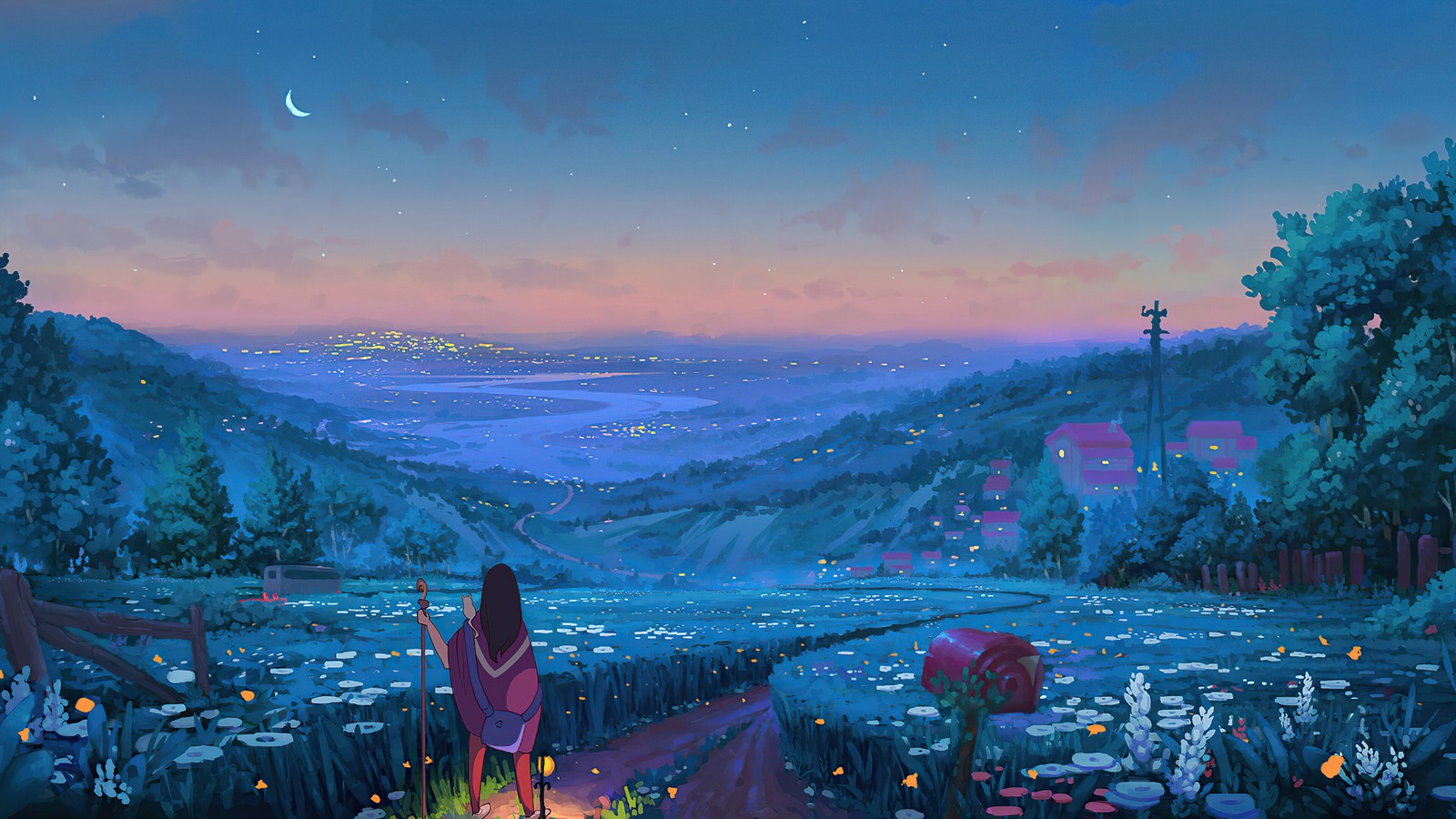 Peinture d'une femme debout sur un chemin dans un champ avec des fleurs (fantaisie, anime, nuit, paysage)