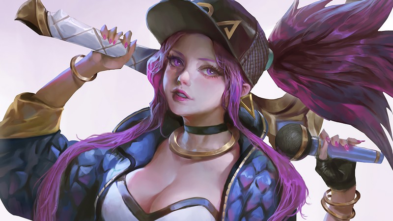 Крупный план женщины с мечом и шляпой (акали, akali, lol, league of legends, видеоигра)