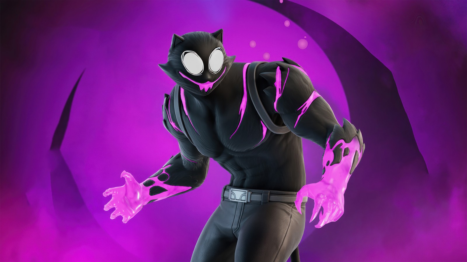 Spider - man in a black suit with pink eyes and a purple background (fortnite, battle royale, video game, phantom meowscles)