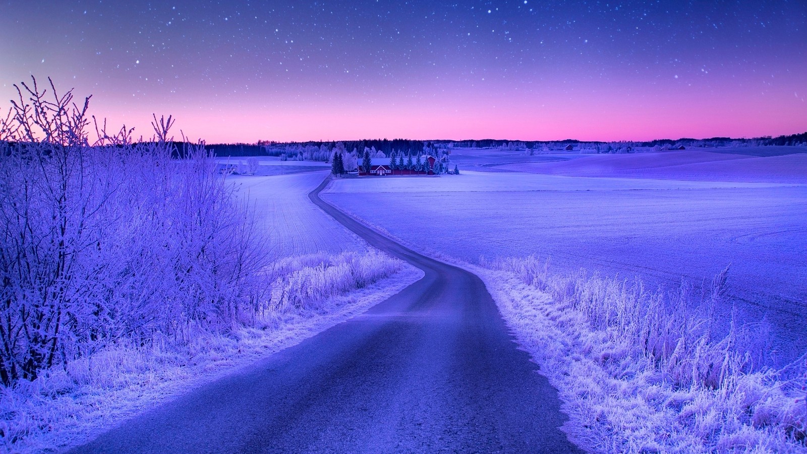 Ein lila und blaues foto einer straße in einem verschneiten feld (winter, nacht, blau, natur, lila)