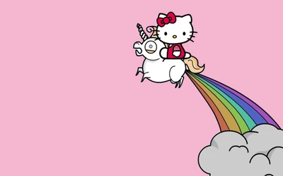 Hallo Kitty reitet auf einem Einhorn mit einem Regenbogen-Schwanz