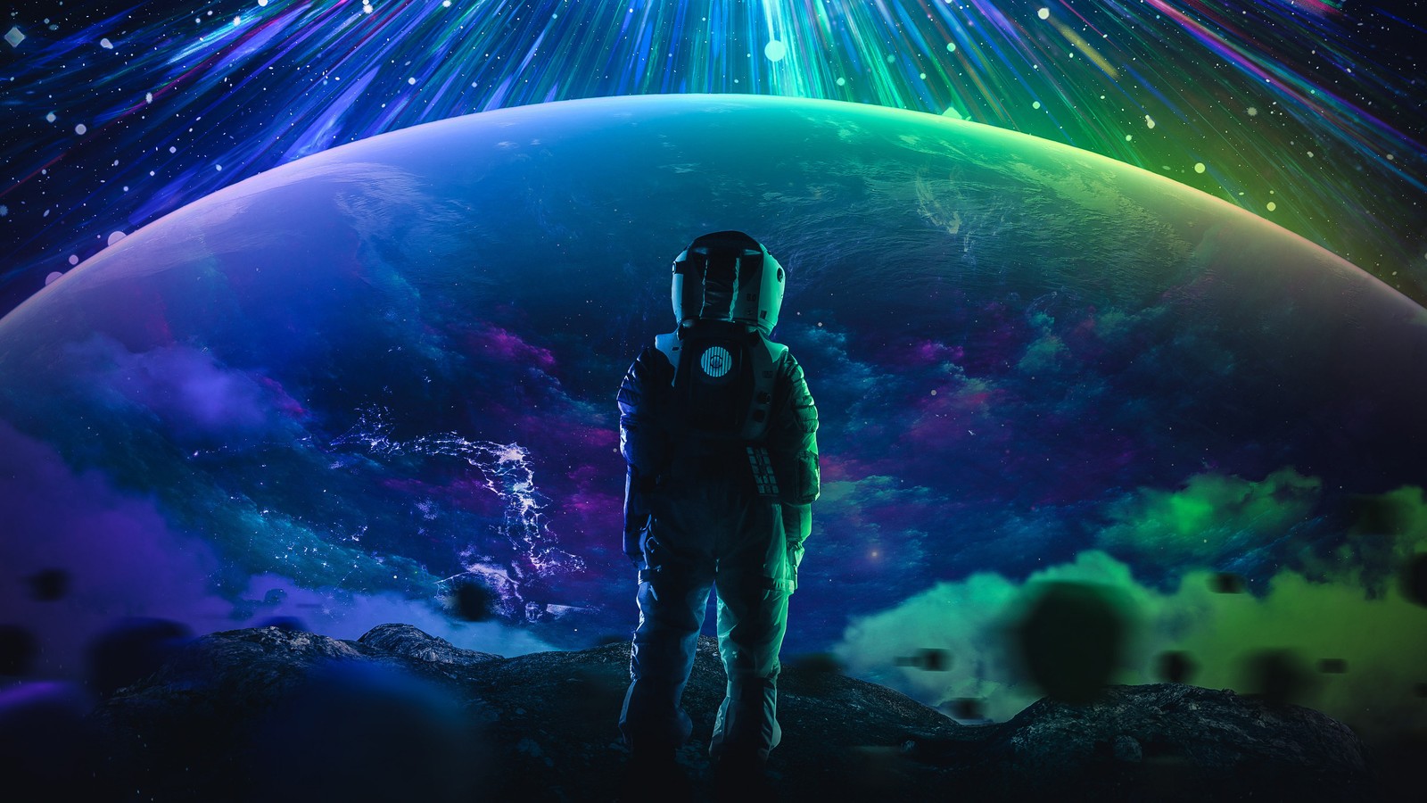 A man in a gas mask standing in front of a planet (astronaut, stars, planet, space, cosmos)