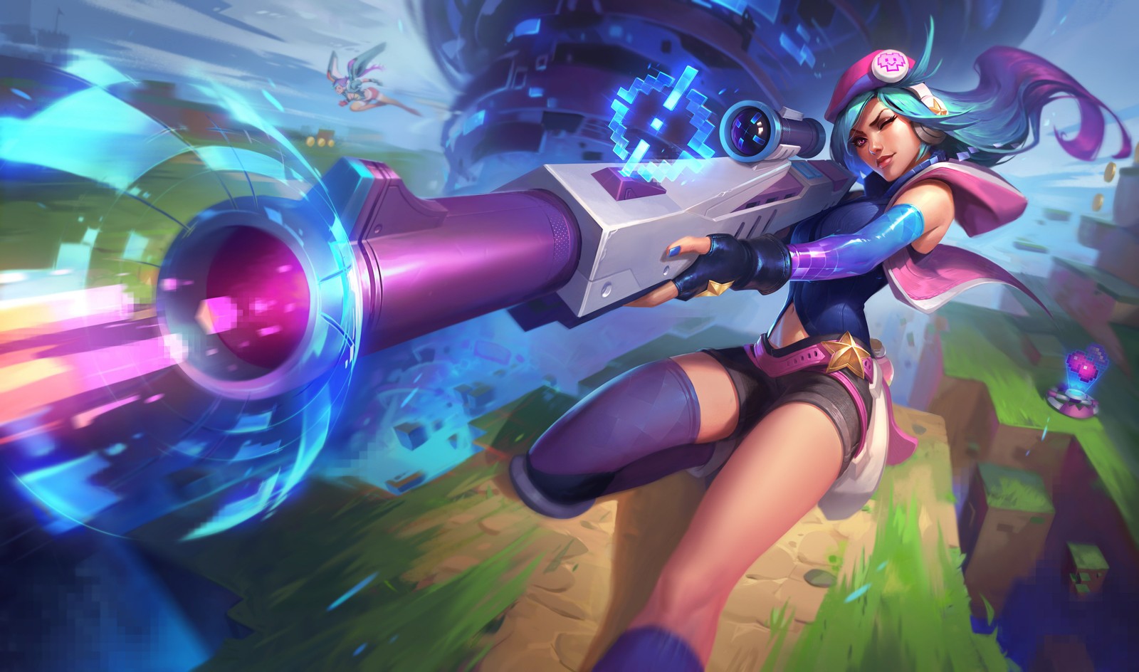 Uma mulher em um traje rosa segurando uma arma roxa (league of legends, esports, riot games, jogos, jogo de aventura)