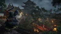 Assassin furtif dans un paysage japonais au clair de lune