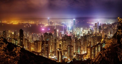 Vibrant Night Skyline of Hong Kong: A Captivating Cityscape Illuminated by Skyscrapers and Urban Lights.