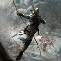 Connor Kenway in action, poised to strike against British soldiers in a dynamic scene from Assassin's Creed III.