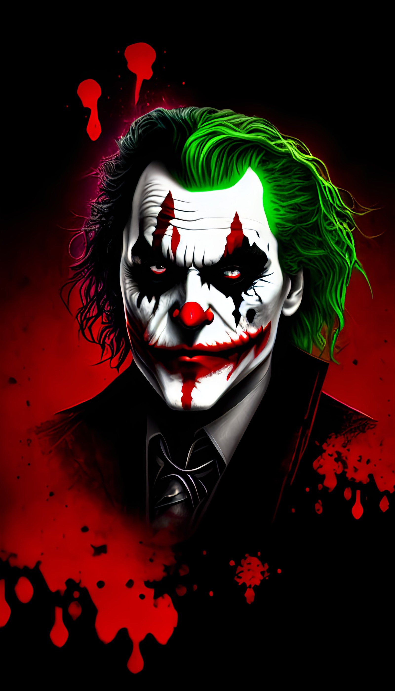 Джокер в костюме с зелеными волосами на красном фоне (джокер, joker, красный, искусство, графика)