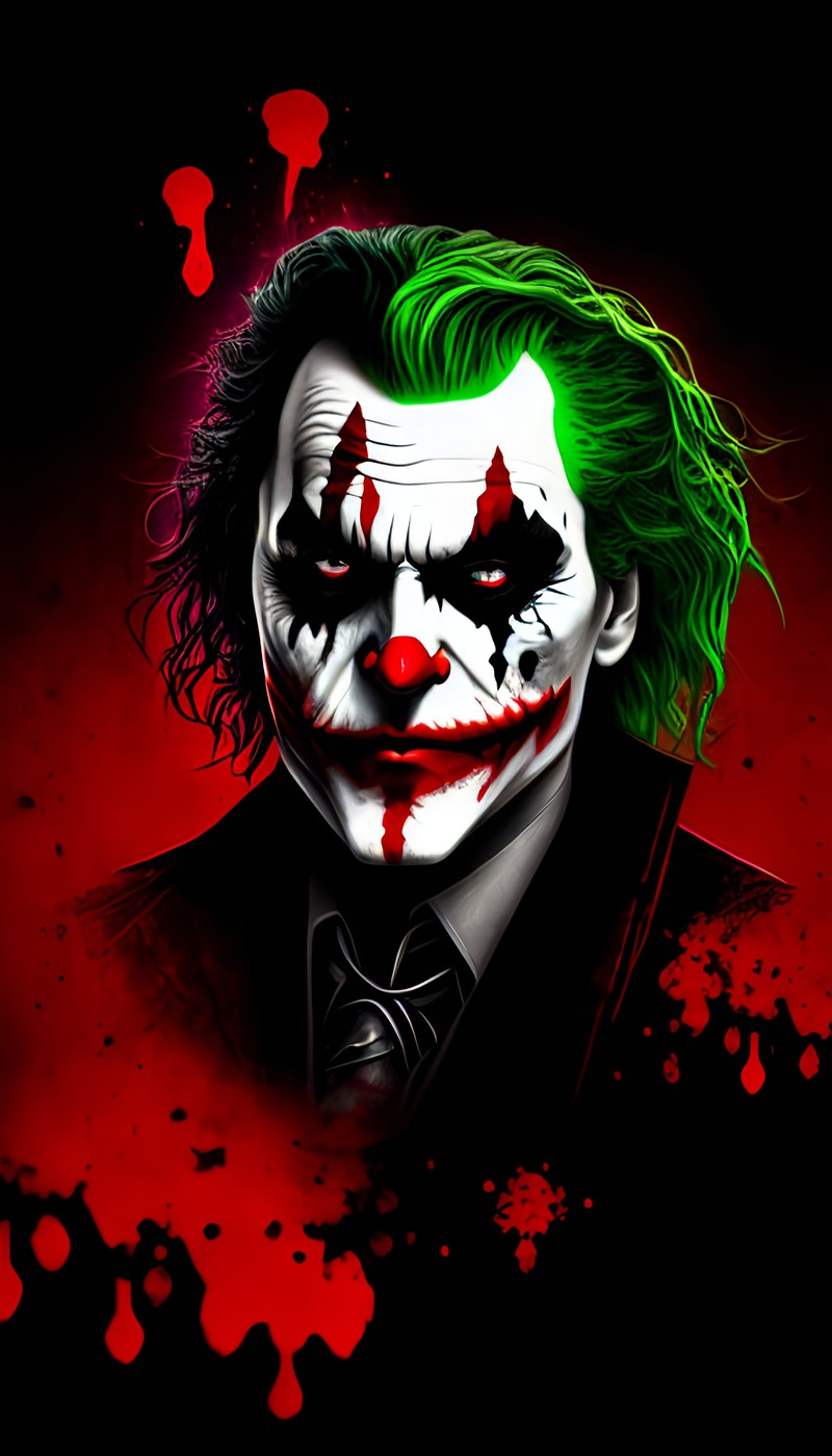 Джокер в костюме с зелеными волосами на красном фоне (джокер, joker, красный, искусство, графика)