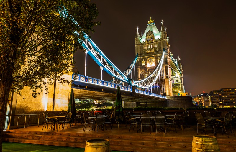 Панорамный вид моста с часовой башней ночью (tower bridge, мост, ночь, достопримечательность, метрополия)