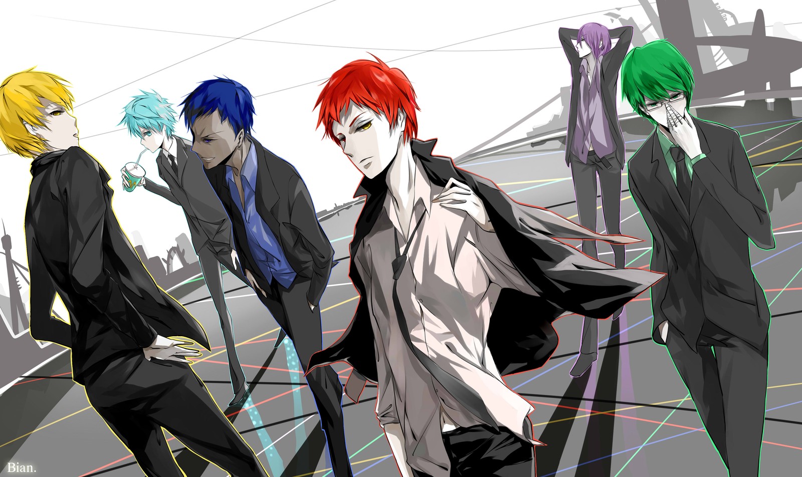 Personagens de anime com cabelo vermelho e verde em pé em fila (tetsuya kuroko, basquete de kuroko, anime, personagem fictício, youtube)