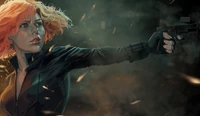 Portrait dynamique de Black Widow en action, mettant en avant sa détermination féroce et ses compétences dans une atmosphère dramatique et sombre.