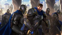 Garen, a Força de Demacia, cercado por companheiros guerreiros em um cenário grandioso de League of Legends.