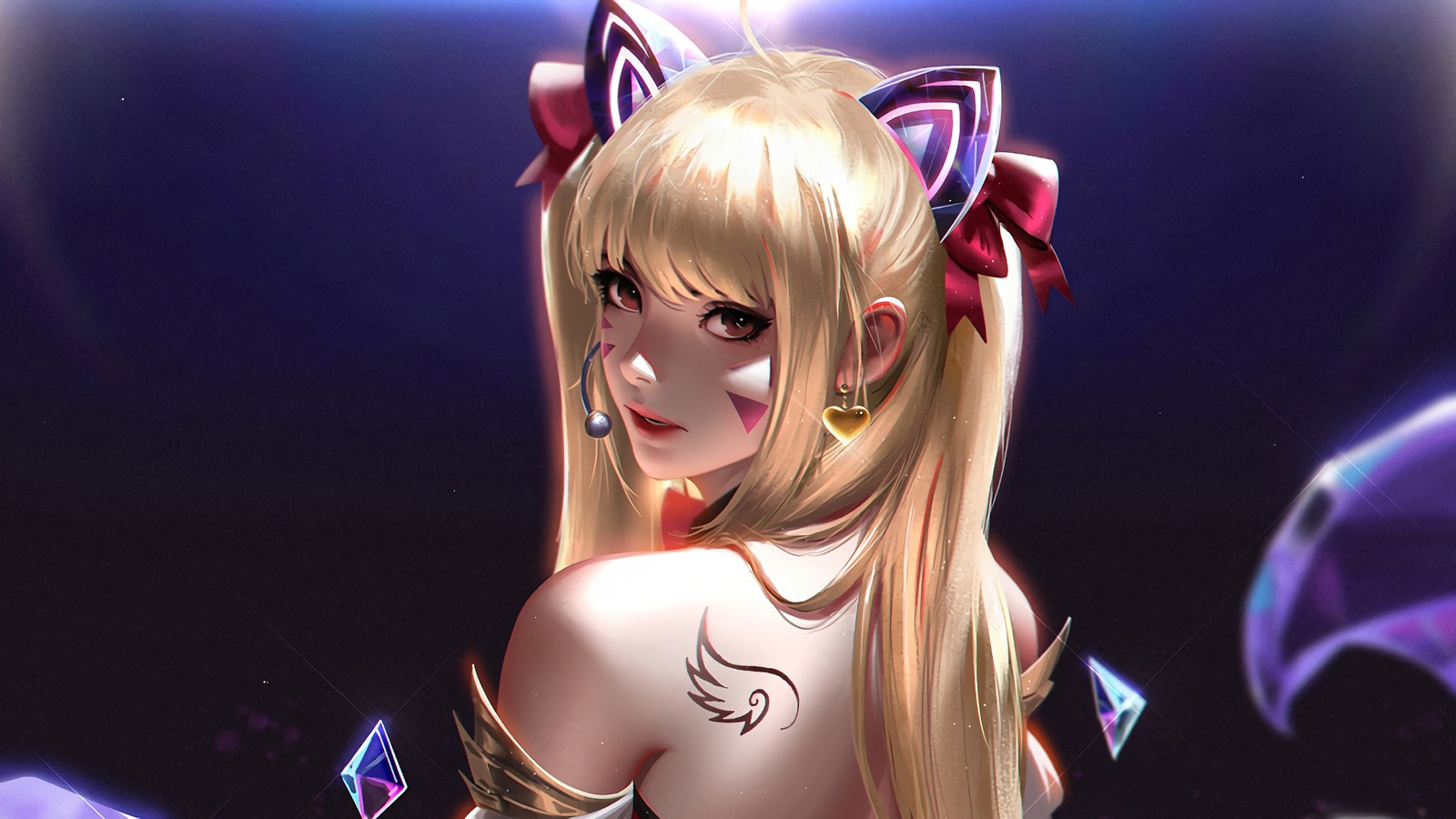 Anime girl with long blonde hair and cat ears with a tattoo (dva, overwatch, video game)