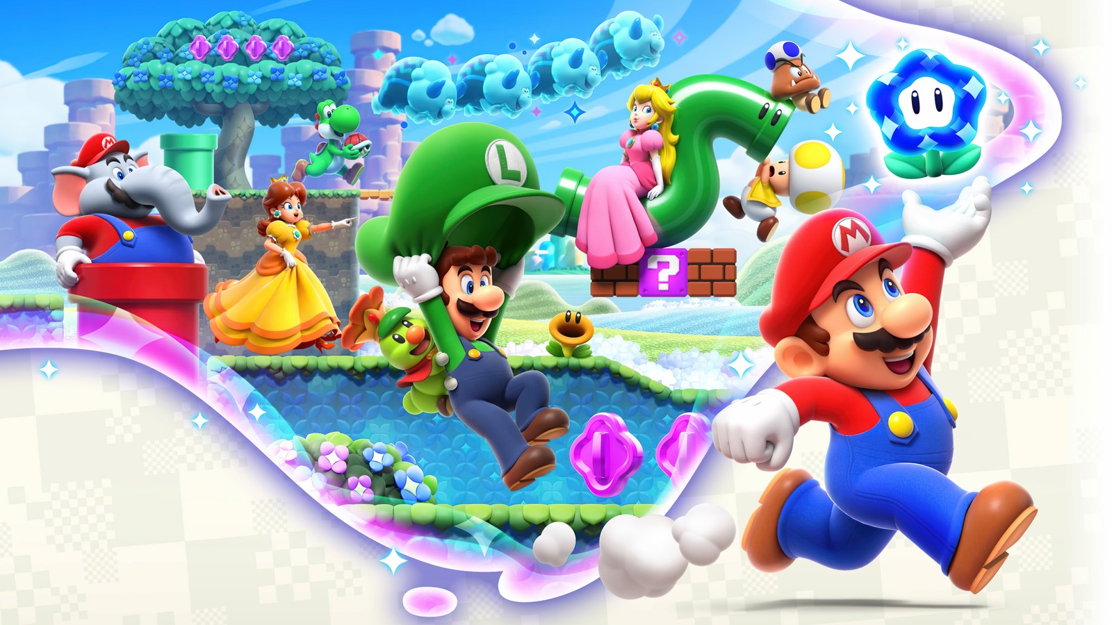 Un grupo de personajes de nintendo está jugando en un parque (super mario bros wonder, nintendo switch, juegos 2023, 5k, juegos)