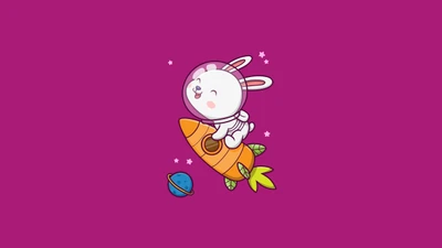 Coelho astronauta fofo montando um foguete contra um fundo magenta