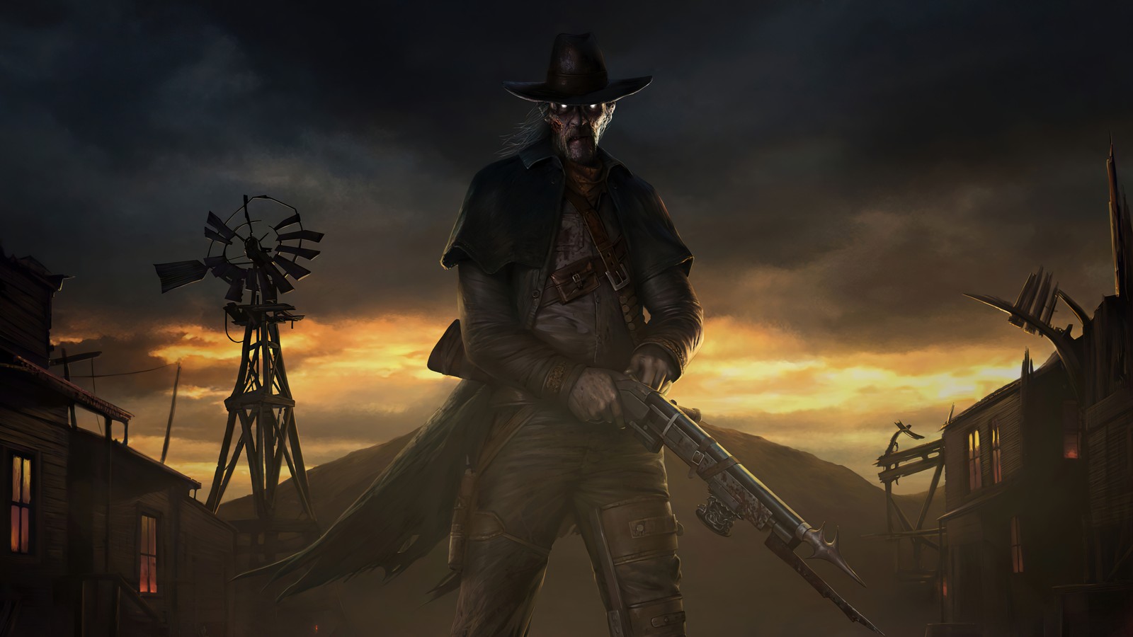 A man in a hat and trench coat holding a gun (dead by daylight, video game, the deathslinger, caleb quinn)