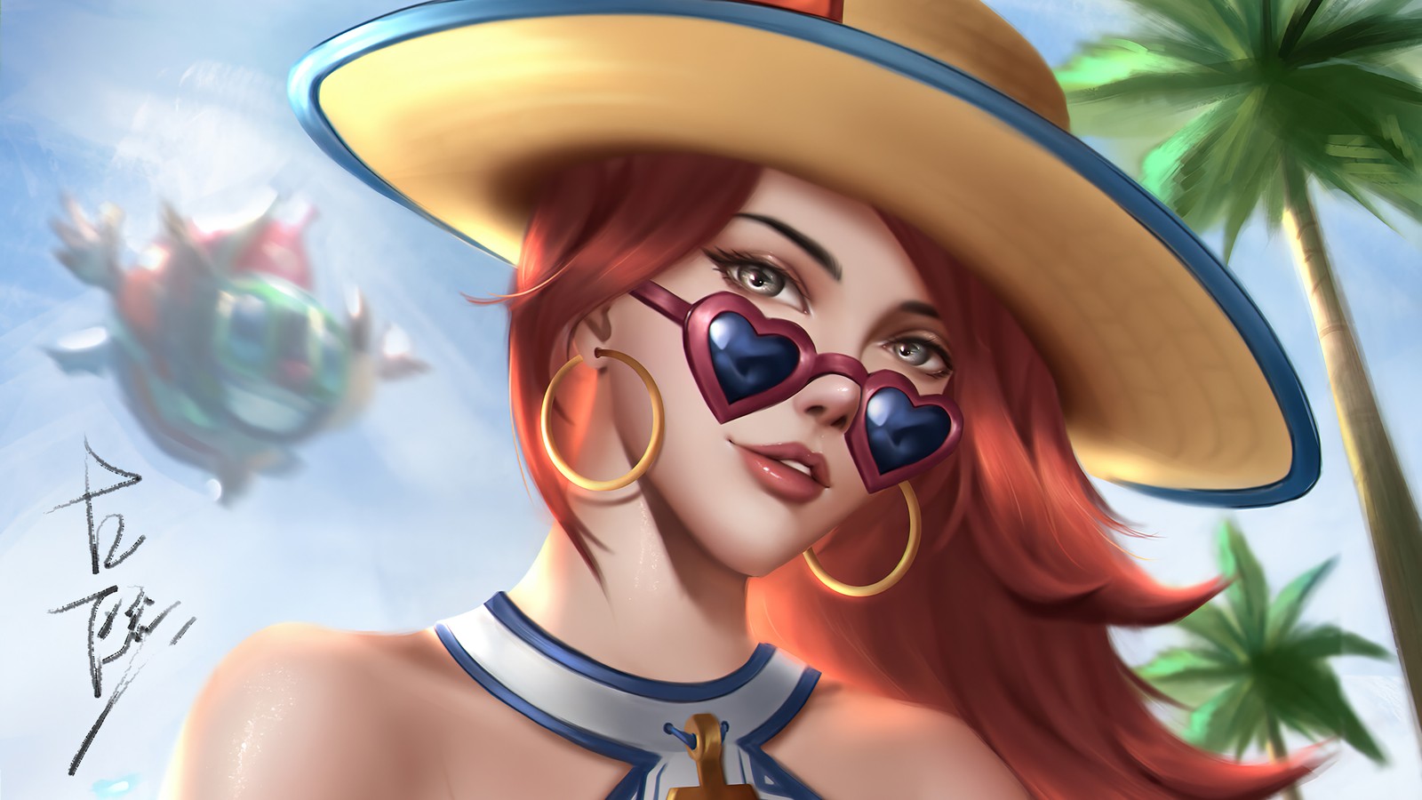 Крупный план женщины в шляпе и солнцезащитных очках (мисс фортуна, miss fortune, вечеринка у бассейна, lol, league of legends)